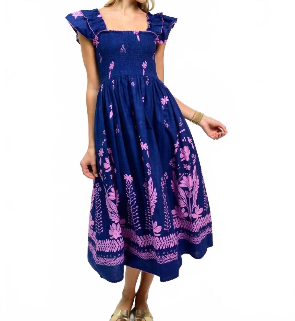 NEW IVY JANE border smocked dress in navy